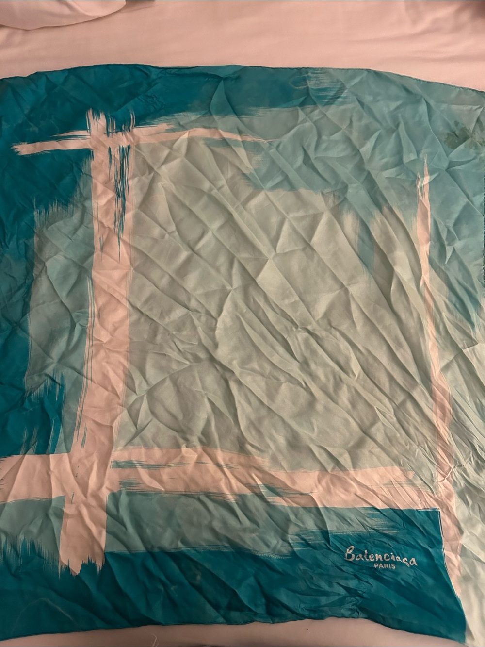 Balenciaga Teal & White Brushstroke Silk Scarf